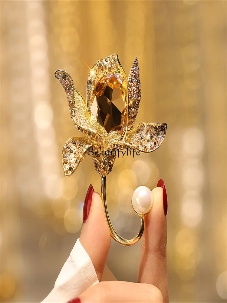 High-Grade Golden Crystal Flower Rhinestone Pearl Corsage Coat Accessories Pin