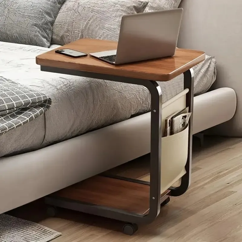 C-förmiger brauner Roll-Beistelltisch mit Aufbewahrungstasche, Massivholz- und Metallrahmen-Beistelltisch für Sofa, Bett, Wohnzimmer, Schlafzimmer