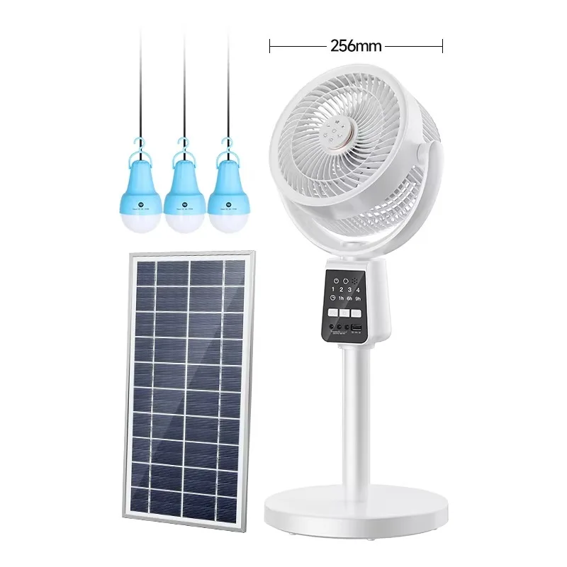 

Solar Panel Rechargeable Standing Fan Pedestal Fan with Bulbs LED Light 7 Inch Remote Control Multi-function Output
