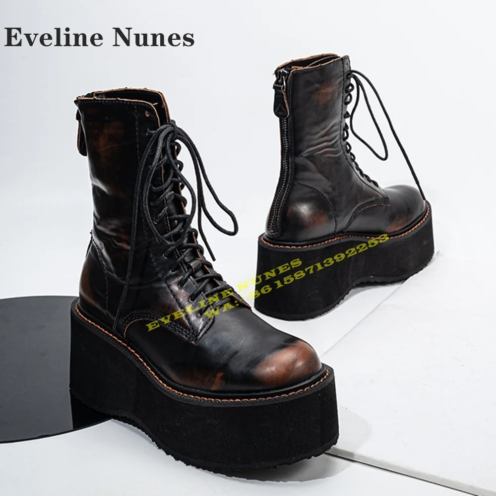 

Platform Cross Tied Retro Motorcycle Boots Round Toe Height Creasing Back Zipper Mixed Colors Women Mid-Calf Boots Spicy Girl