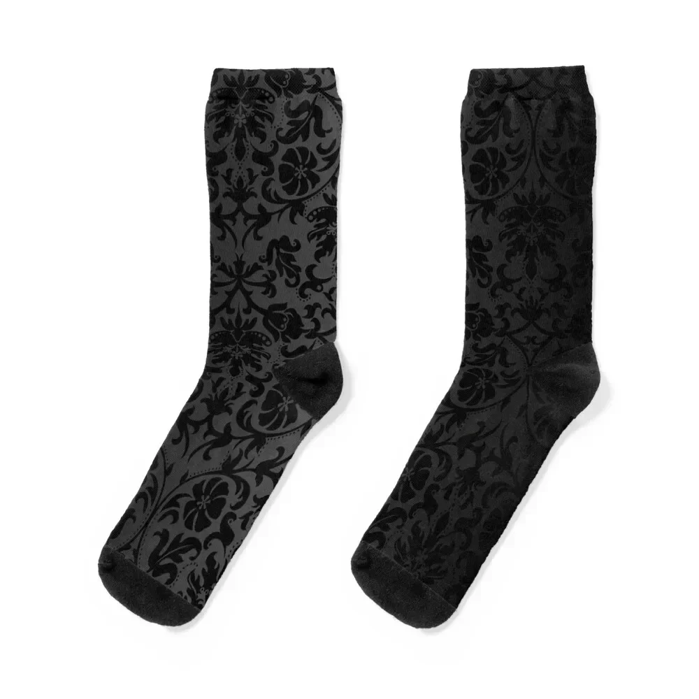 Black Floral Damask Socks Thermal man winter christmass gift Ladies Socks Men's