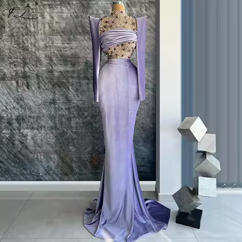 New high-neck long sleeved evening gown with crystal lace and velvet patchwork ball gown party dress banquet dress customizable