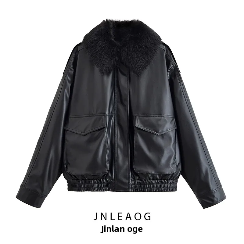 ملابس عمل نسائية من JNLEAOG بياقة من الفرو من الجلد Jaet وصلت حديثًا للخريف فضفاضة تناسب طويلة وسحاب للإغلاق