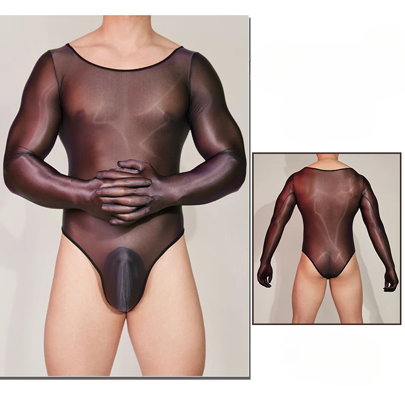 Mens Bodysuit Naked Feeling Breathable Tights Oil Shiny Glossy High Elastic Sexy Long-Sleeved Five Fingers Gloves Jumpsuits