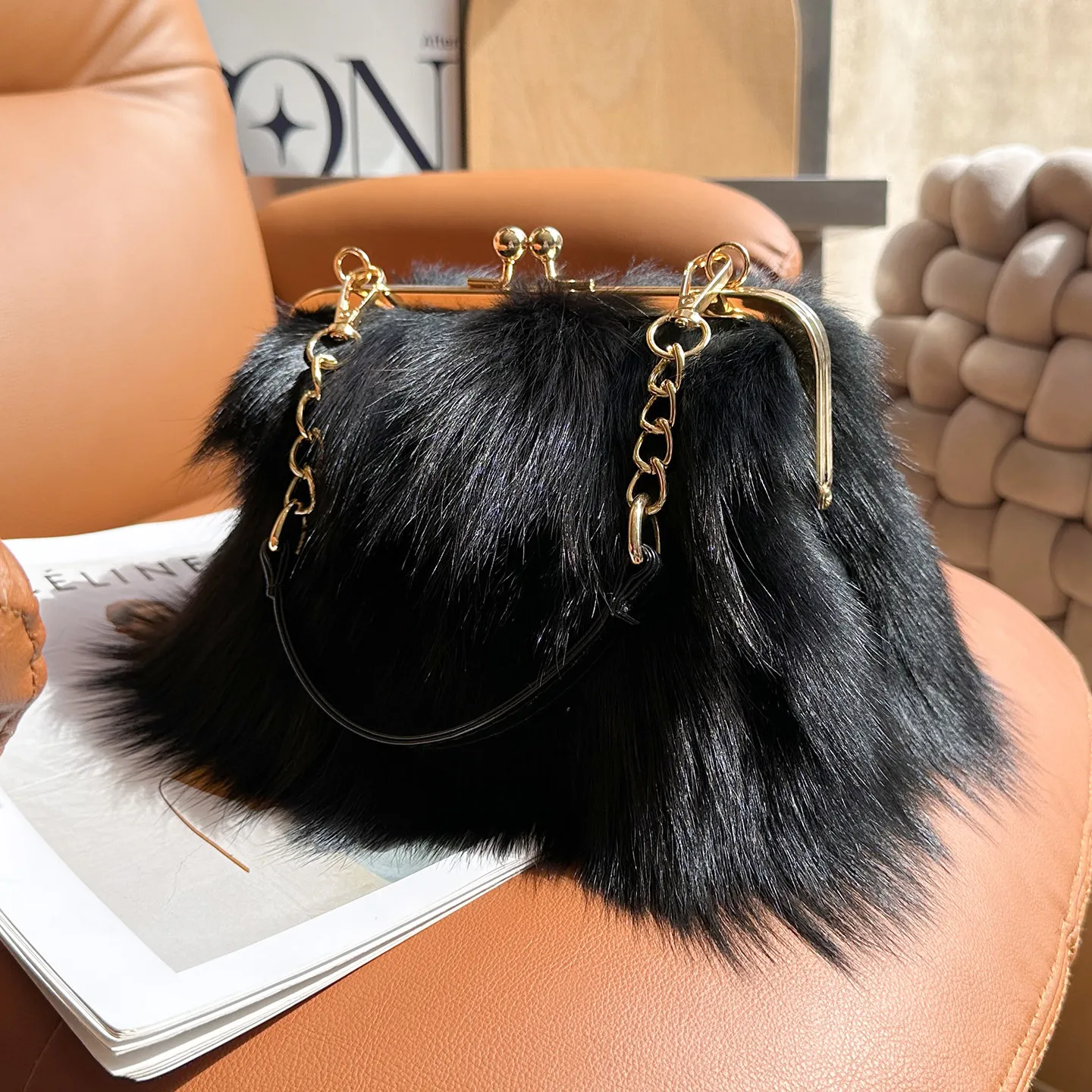 Ladies Luxury Genuine Fox Fur Handbag Natural Leather Evening Shoulder Bag Fashion Female Furry Elegant Premium Trendy Tote Bags