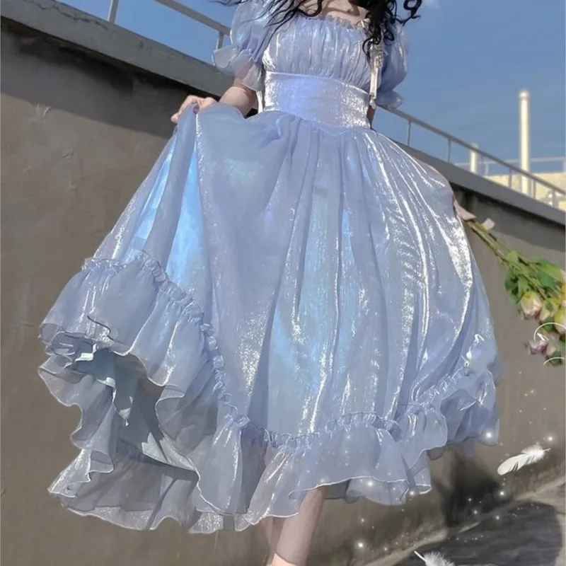 Blue Puff Sleeve Dress Vintage Skirt Fairy Lady Super Mori Style