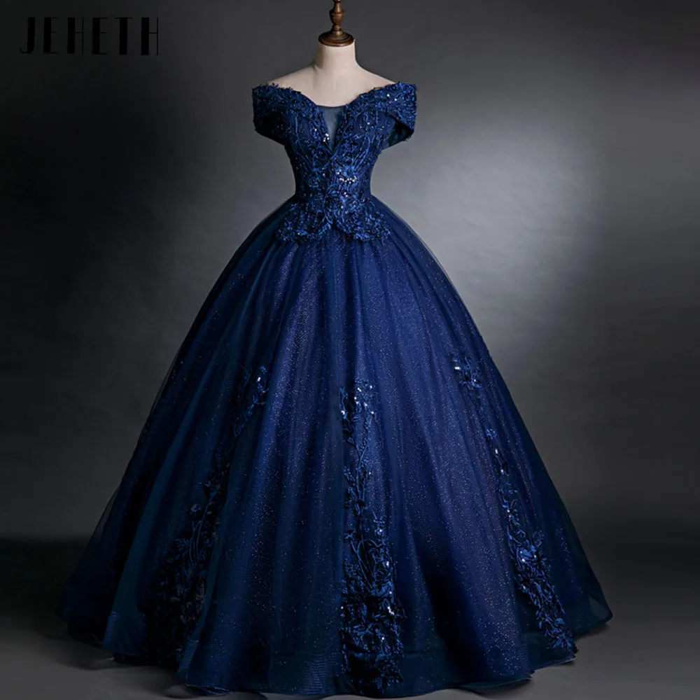 JEHETH Navy Blue Bling Prom Dress Off the Shoulder Sleeves Evening Party Gown for Women Lace Up Lace Appliques