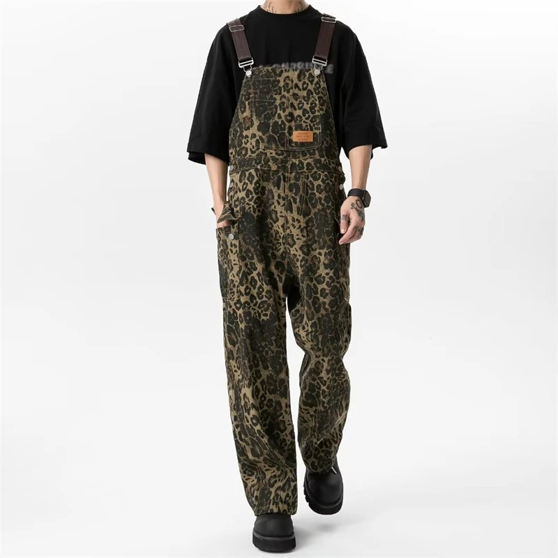 

Women's Leopard Pattern Vintage Suspender Jumpsuits Fashion Wide Leg Pants Streetwear Rompers Female Casual Straight Trouser