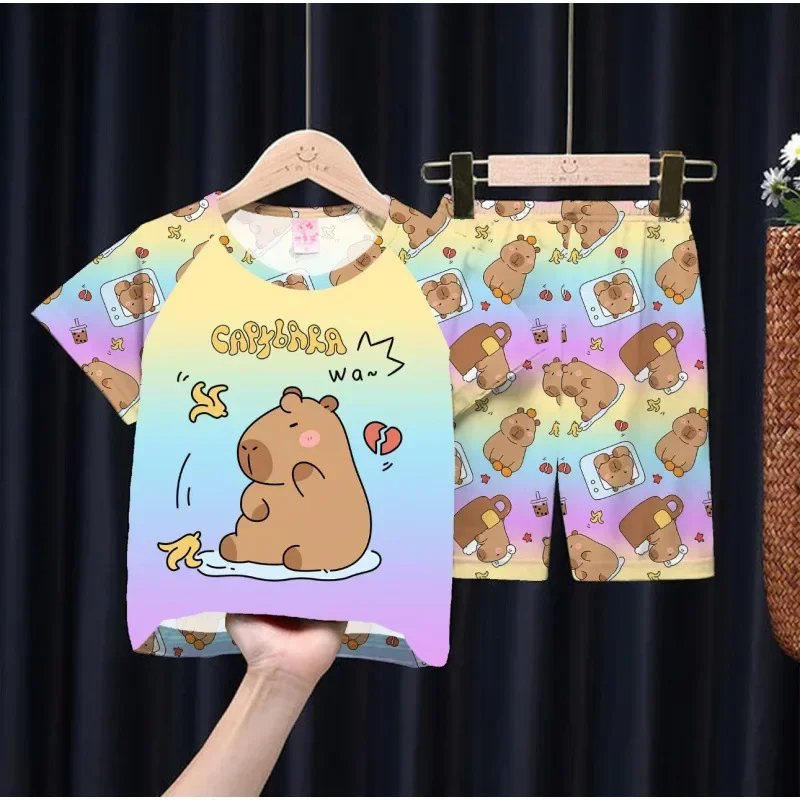 

Children's Summer Thin Pajamas Short Sleeve Cartoon Kapibala T-shirt Tops + Shorts Sleepwear Boys Girls Casual Clothing Sets