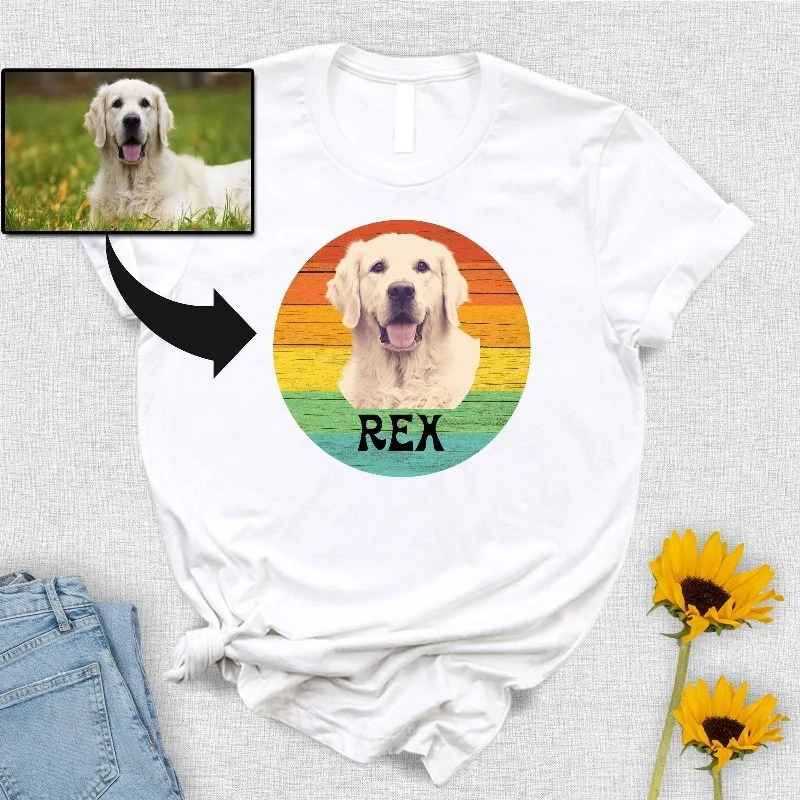 Custom Vintage Rainbow Pet Photo Tshirt Personalized Dog Cat Portrait Custom Name Tee Adult Kids Family Matching Pet Lover Gift