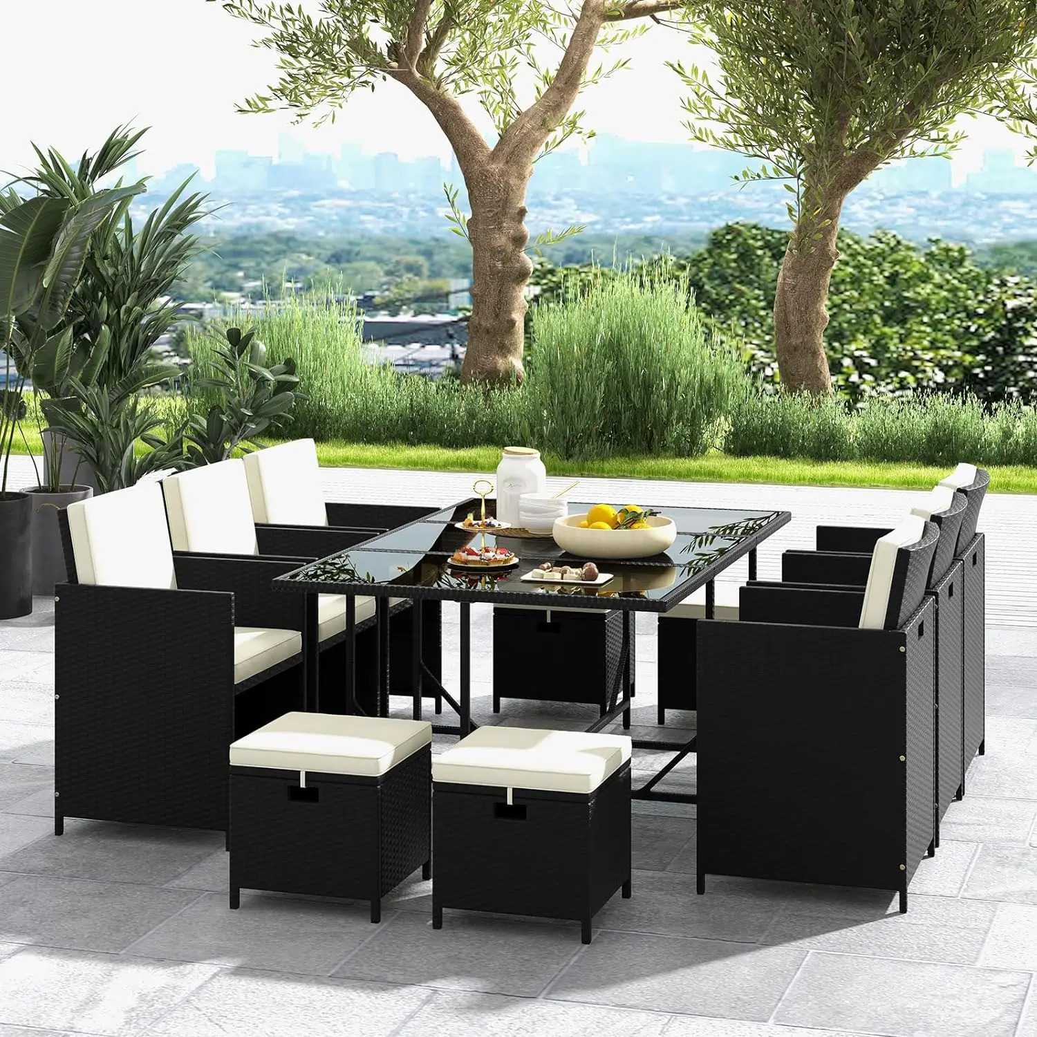 11 Pieces Patio Dining Set, Space-Saving Wicker Chairs & Tempered Glass Table with Ottomans, Thick Soft Cushions for Garden