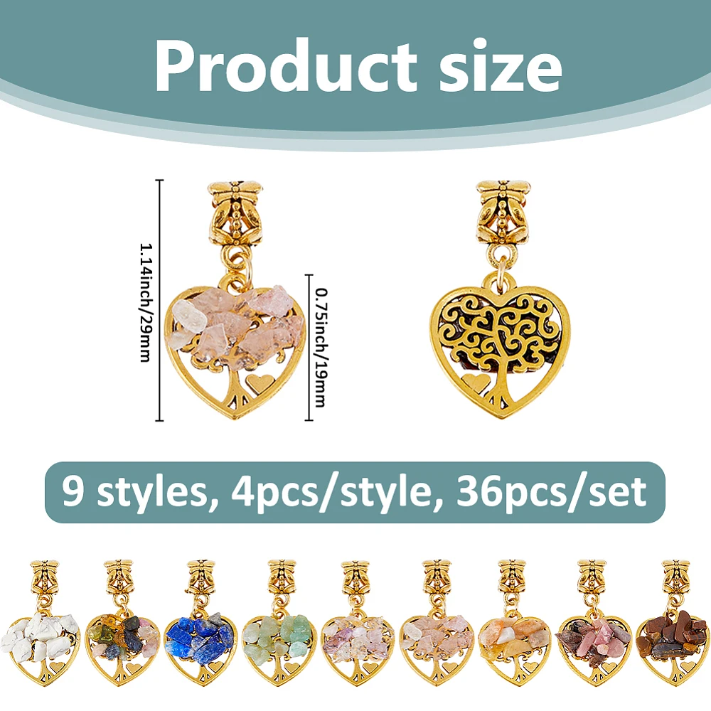 36Pcs 9 Styles Tree of Life Charms 1.14 Inch Pendant Chip Tree Pendants for DIY Jewelry Making Necklace Earring