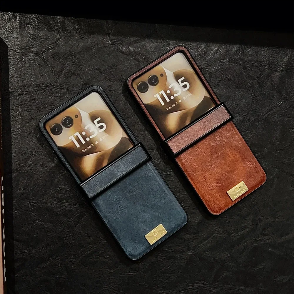 Retro-Leder-Hartschalen-Handyhülle für Samsung Galaxy Z Flip 7, 6, 5, 4, 3, Z Flip7, Flip6, Flip5, stoßfeste Scharnier-Schutzhülle