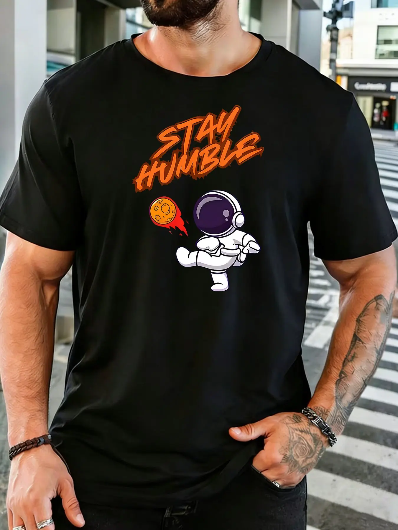 Mens Soft Crew Neck Tshirt Stay Humble Cute Astronaut Kicking Meteor Print Short Sleeve Tee For Galaxy Fans Daily Casual Wear