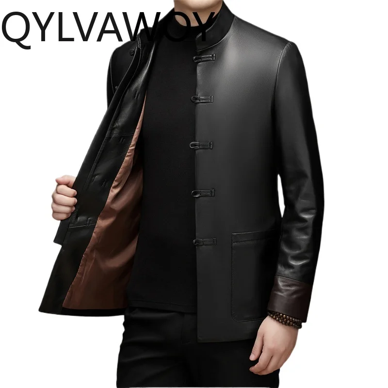 

QYLVAWOY Sheepskin Real Leather Jacket Men Stand Collar Mens Jacket Leather Coats Vintage Jackets for Man Chinese Style 가죽점퍼