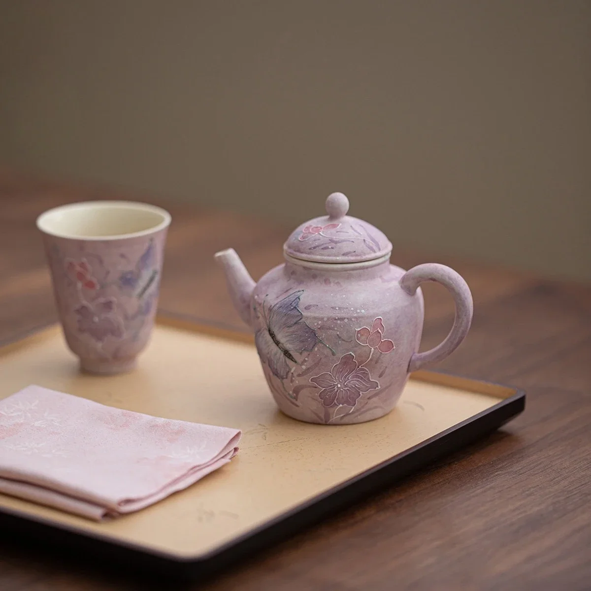 Oil Painting Purple Hand-painted Teapot New Chinese High-value Hand-held Pot with Filter Ladies Hand Kneeze Pot Kung Fu Tea Cup