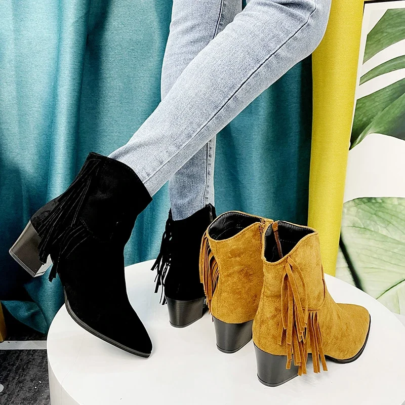 2024 Chelsea Boots Ankle Fringe Chunky Heels Western Cowboy Style Shoes Short Elegant Woman Heeled Punk Plus Size