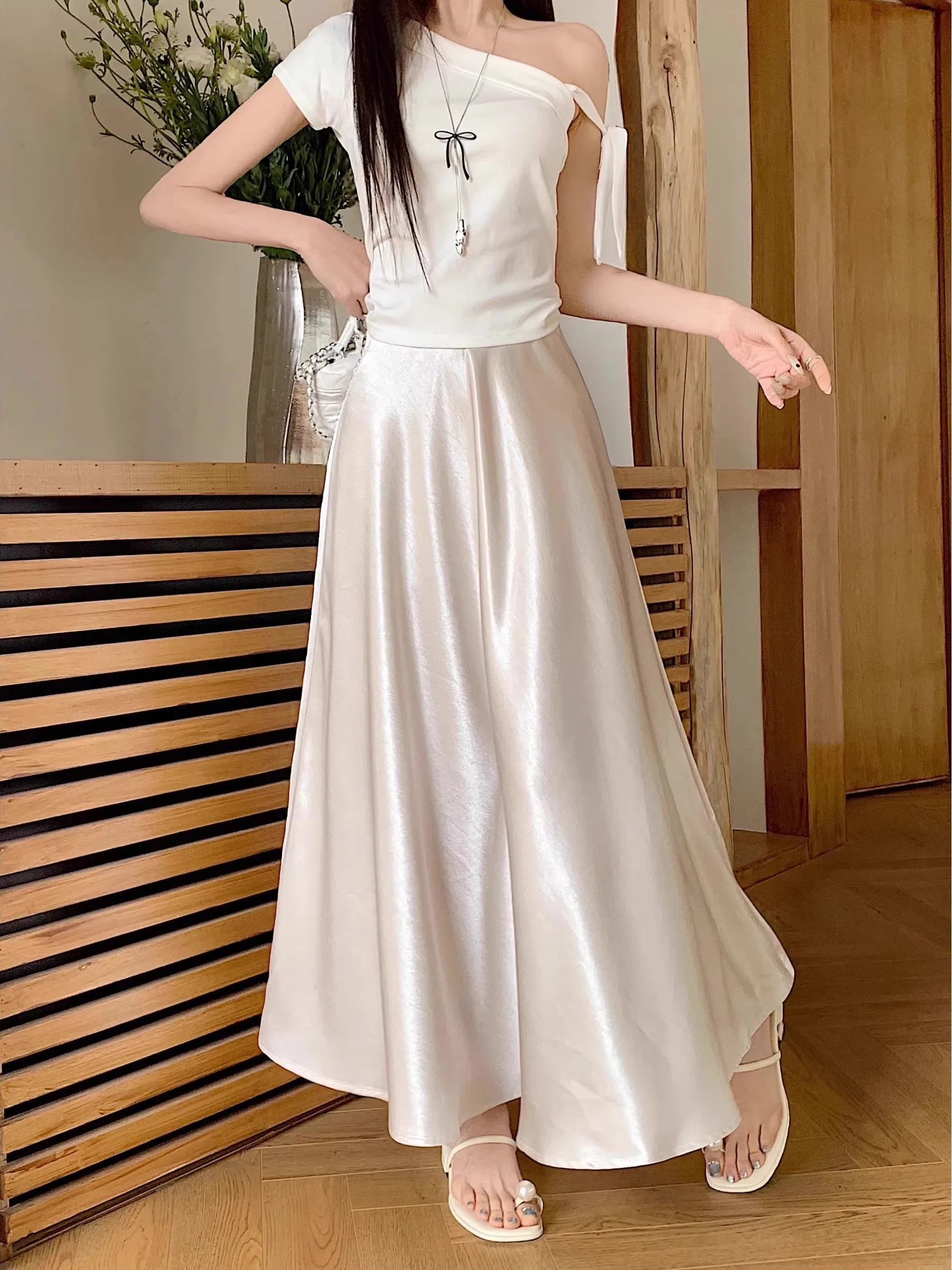 Zijde Satijn f Rok vrouwen Hoge Taille A-lijn Bla Midi Rok Zomer Faion Pendelen Koreaanse Sle Ci Casual Datum rok