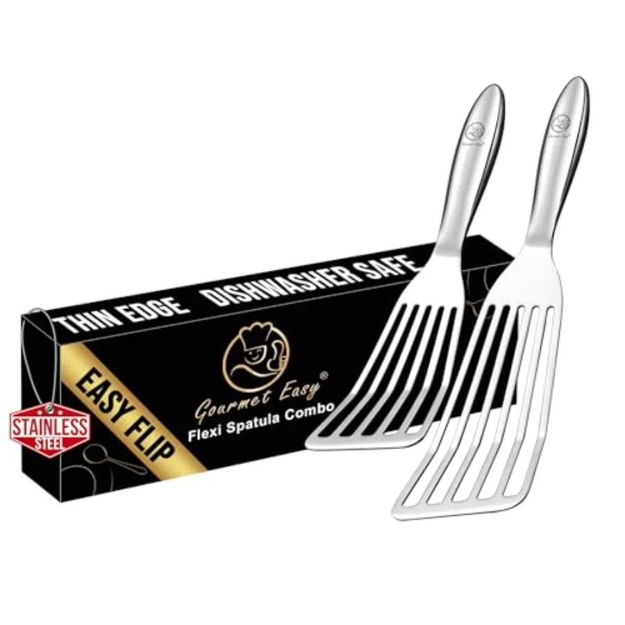 

Stainl Steel Fish Spatula Set 1 Large Fish Turner + 1 Small Metal Spatula, Ultra-Thin Edge for Easy Turning and Flipping, Metal