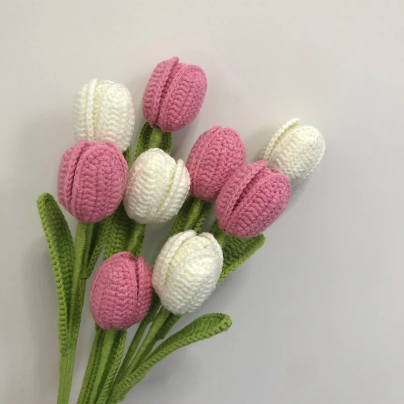 Romantic Tulip Bouquet Use For Vase Flower Arrangement Accessories Handmade Crochet Flowers Gifts For Friends Tabletop Decor