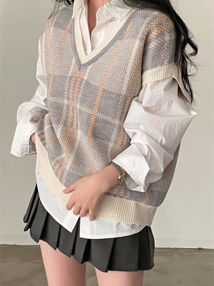 Plaid Vest Women Spring Autumn New Vintage Sleeveless Sweater Korea Casual Ladies Knitted Vest Tops 2023 Woman Sweater Vests