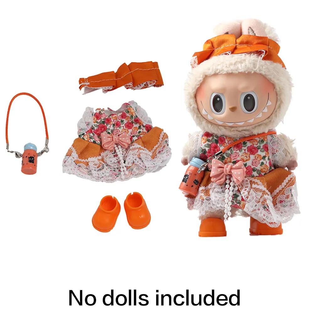 ชุดเสื้อผ้าตุ๊กตา Labubu คุณภาพสูง ขนาด 15-17 ซม. กระโปรงลายพิมพ์สีส้มทันสมัย พร้อมรองเท้า ชุด 4 ชิ้น สำหรับตุ๊กตา Labubu ทุกแบบ