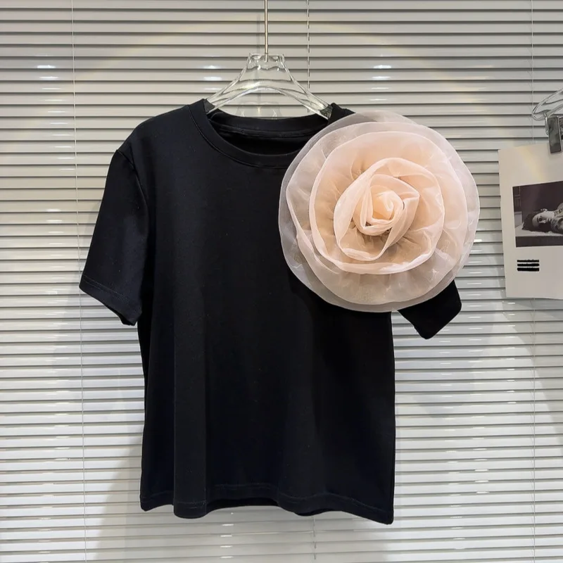 

BORVEMAYS Mesh 3D Flower Patchwork T-shirt Temperament O Neck Shrot Sleeve Elegant Summer New 2024 Tops Women WZ7939