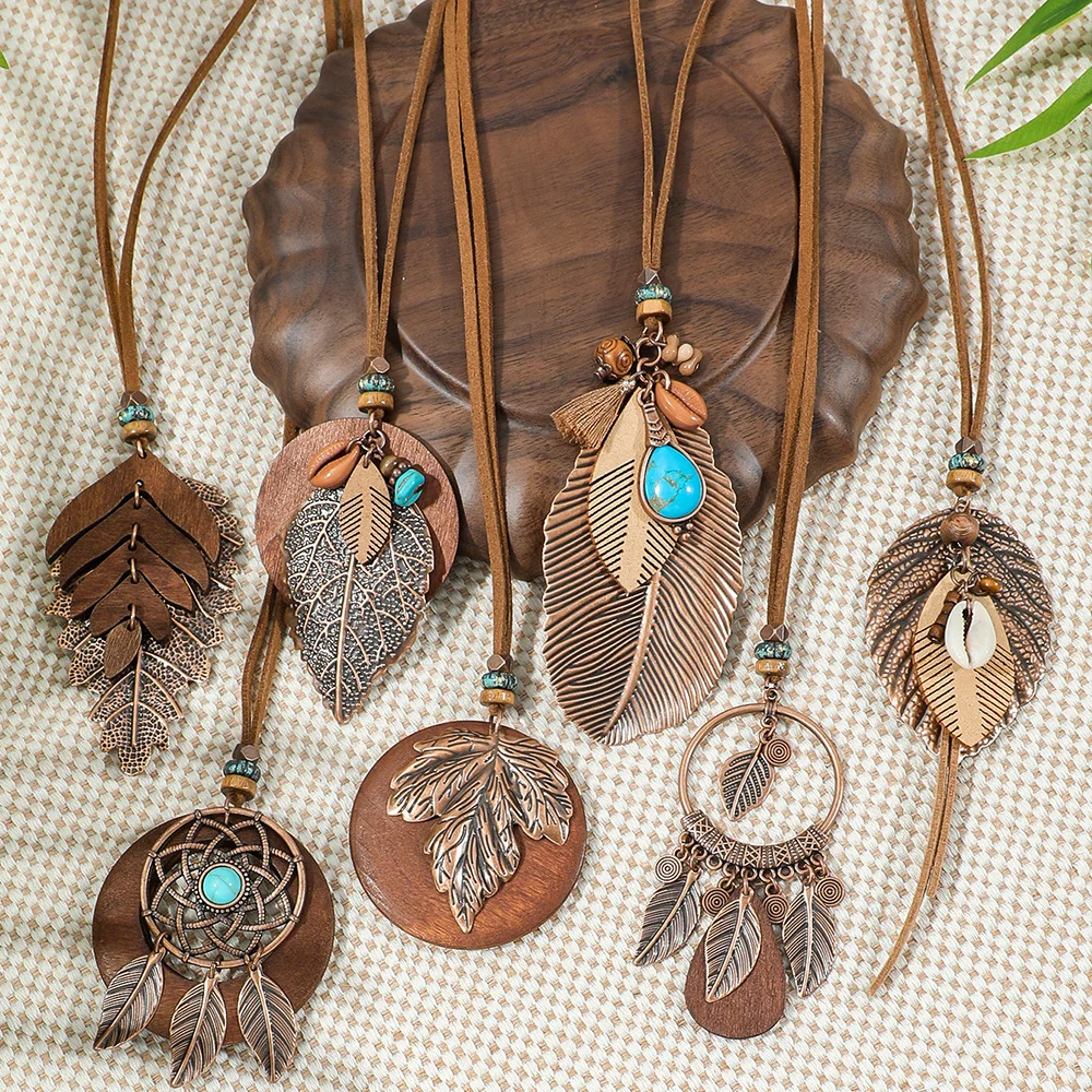 7pcs Boho Long Neckalce Set Brown Pendent Necklaces Sweater Chain Turquoise Shell Design Tribal Jewelry Party Decors Lifts