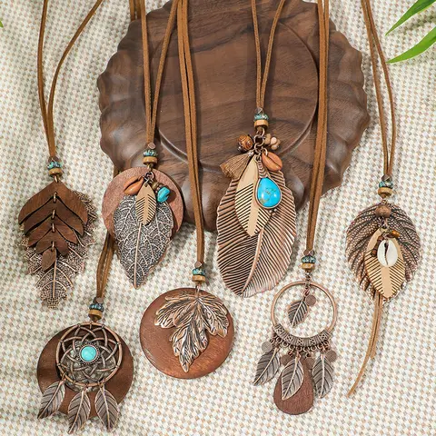 Ensemble de colliers longs style Boho, 7 pièces, pendentif marron, chaîne de pull, Design de coquille Turquoise, bijoux tribaux, décors de fête, ascenseurs