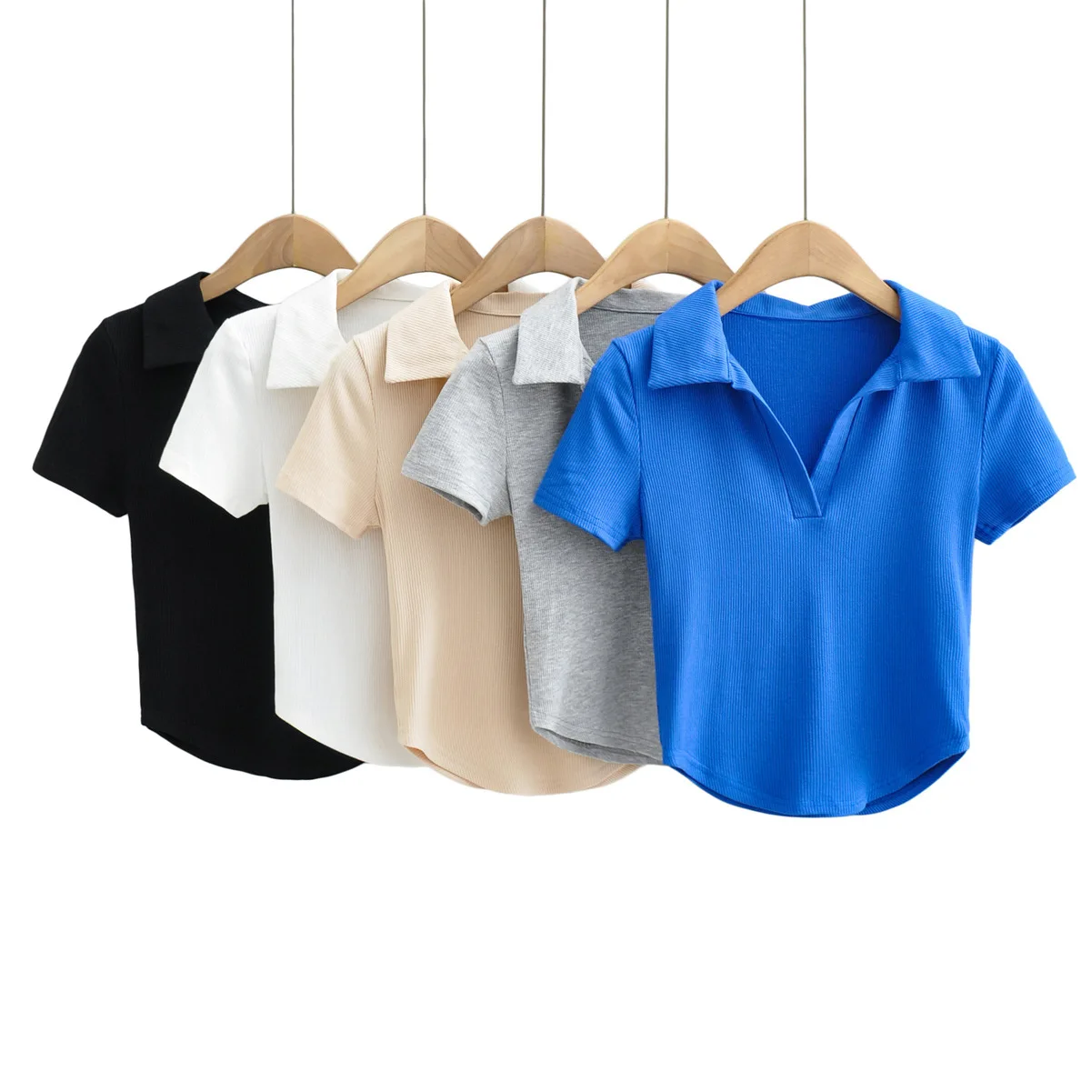 

Fashionable Collar Short Sleeve T-Shirt Elastic Hem Arc Bottom Women's Spring Cotton Casual Comfortable Fit Shirt