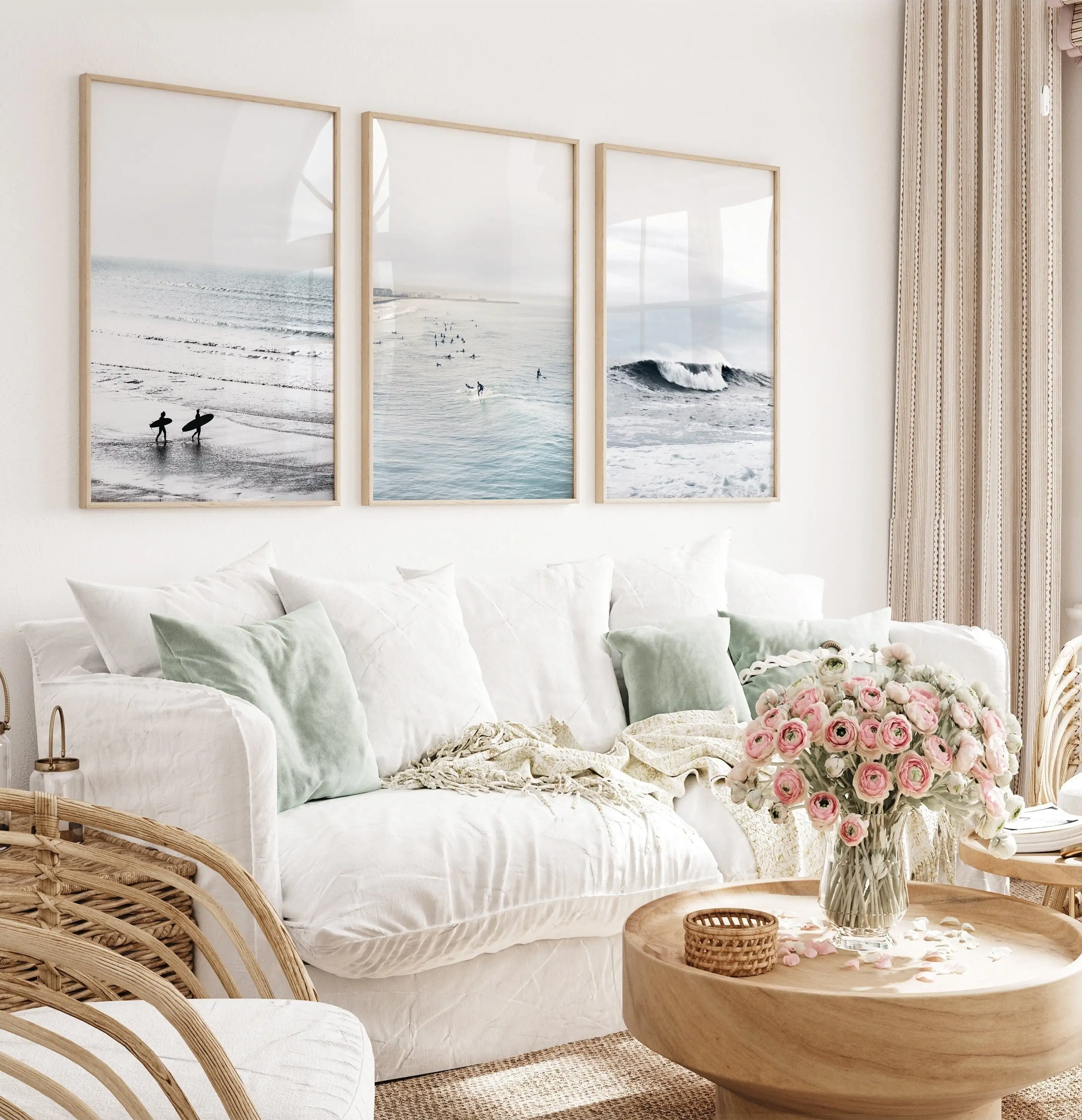 Home Fragrance Ocean Breeze - Zachte blauwe kust-surf wandkunstprints, minimalistische oceaangolf