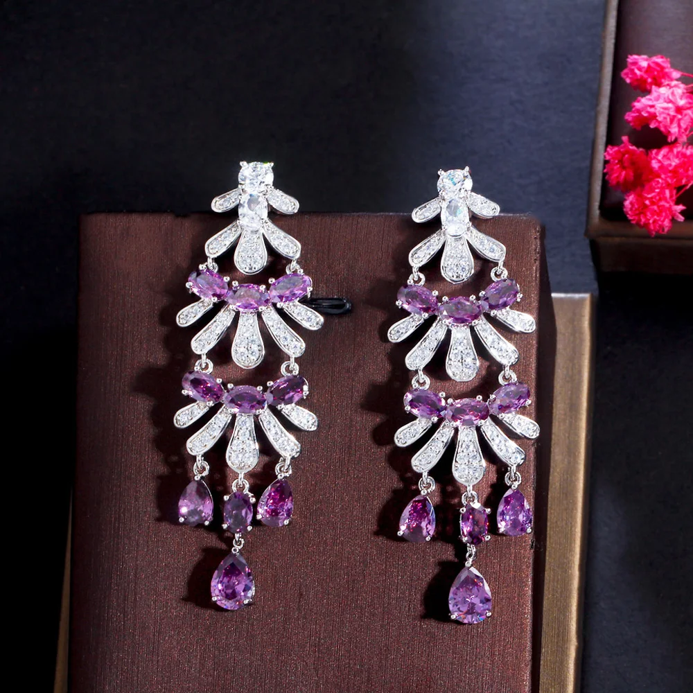 

ThreeGraces Elegant Purple Cubic Zirconia Bridal Wedding Long Dangle Drop Earrings for Women New Fashion Party Jewelry E1274