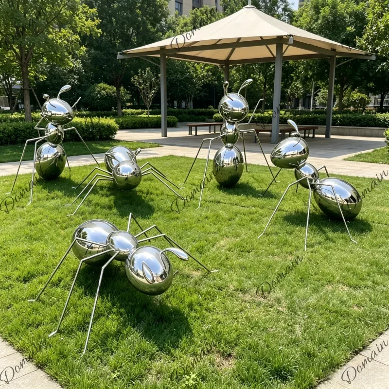 Large Park Landscape Stainless Steel Ant Mirror Sculpture Outdoor Furnishing Artwork Metal Casting Garden Decor