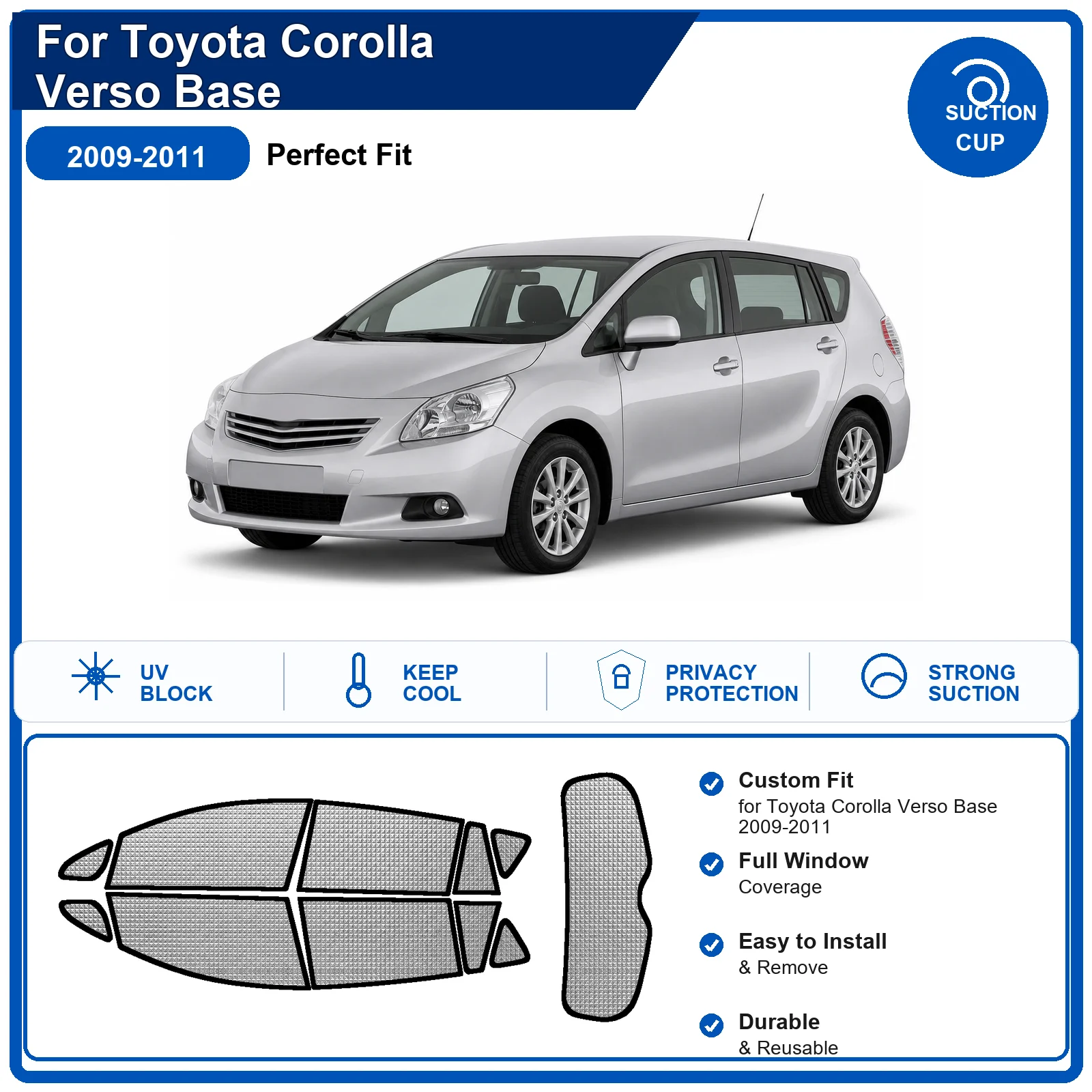 

For Toyota Corolla Verso Base 2009-2011 Custom Full Set Windshield Sun Shade Aluminum Foil Heat Insulation Anti UV Foldable