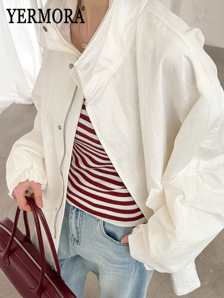 

Женская куртка YERMORA белая на молнии, тонкая, большого размера, с отложным воротником, длинными рукавами, свободного кроя, новая, модная, весна-осень 2026