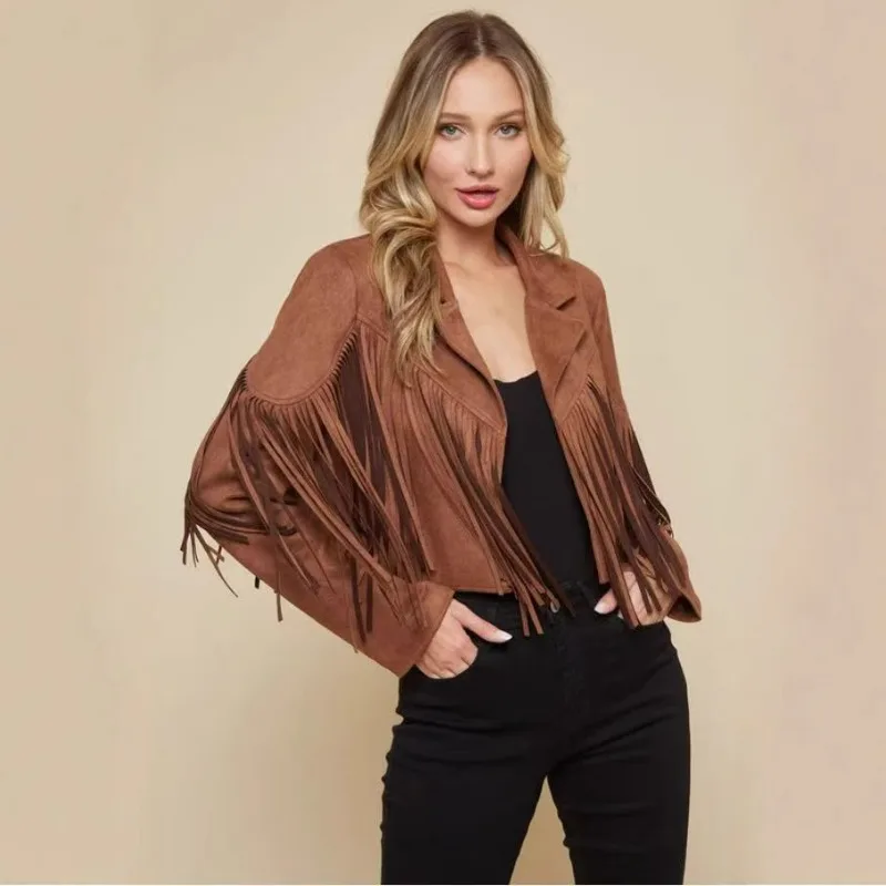 

2025 European American Cross-border Autumn Women's Clothing Short Solid Color Slimming Suede Golden Jackets Classic Tassel Coat
