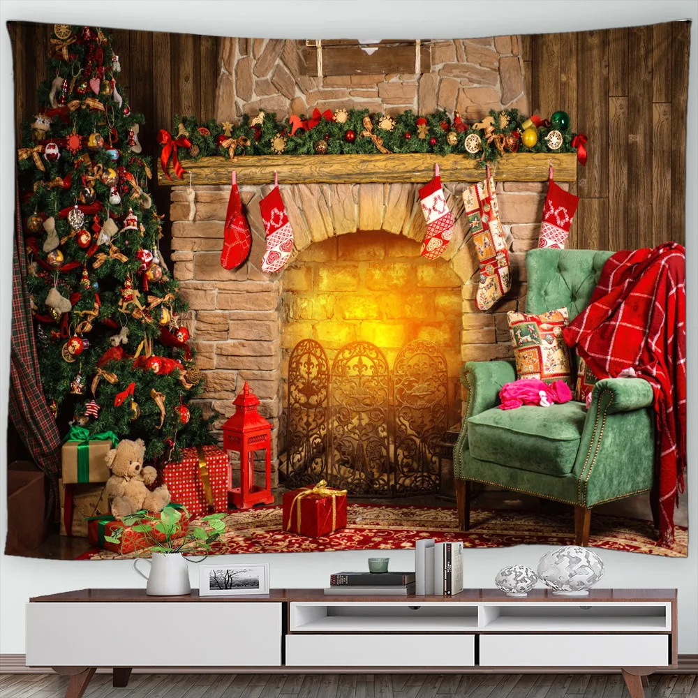 Merry Christmas Tapestry Happy New Year Santa Claus Fireplace Home Warm Decor Bedroom Living Room Wall Hanging Tapestry Screen C