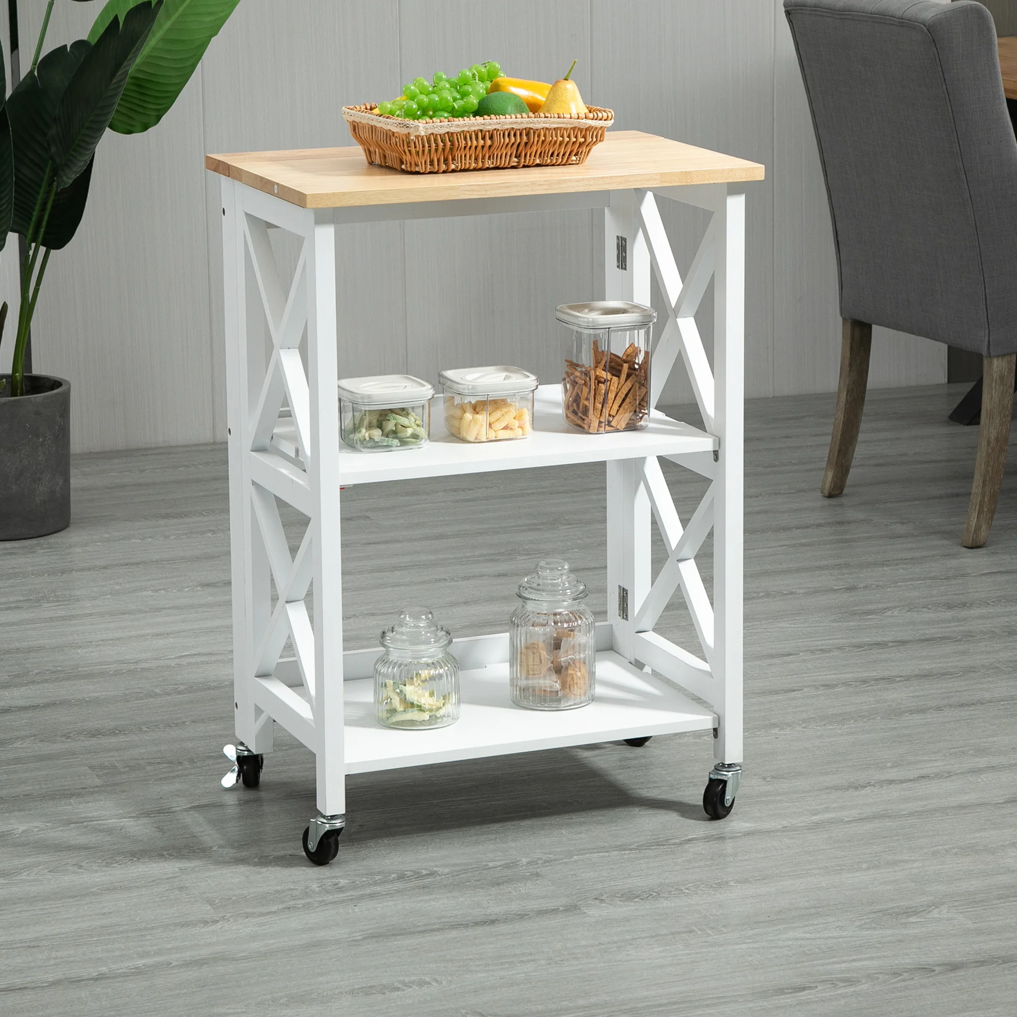 HOMCOM folding kitchen cart with wheels 2 level shelves 60x40x84cm White