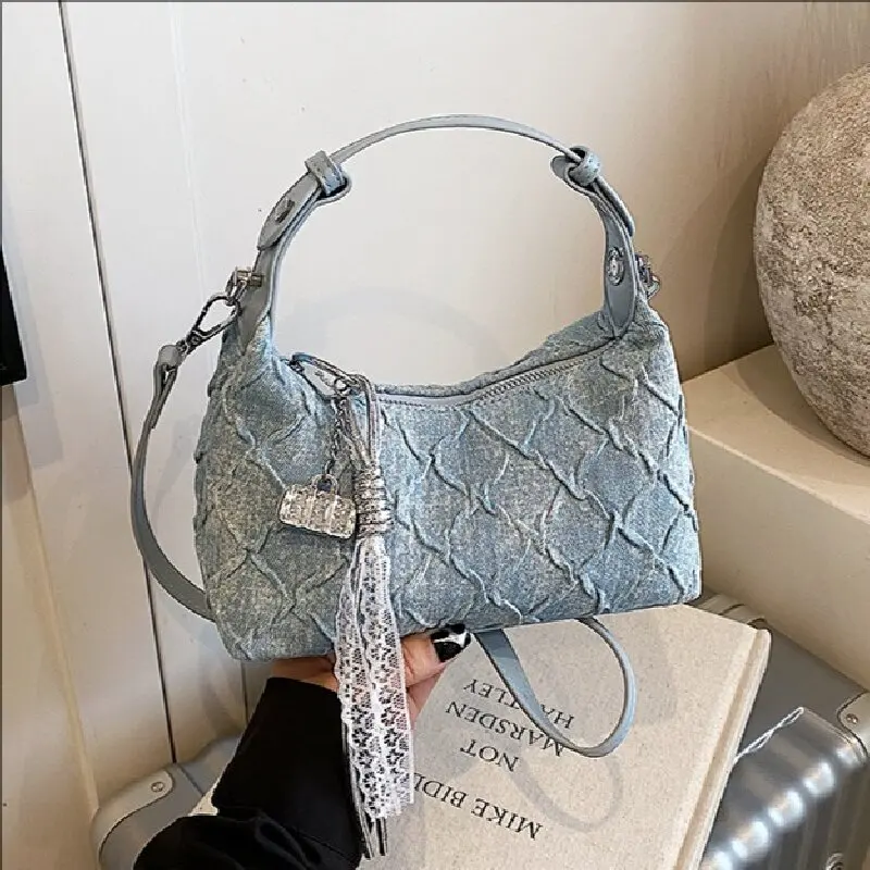 

Temperament Denim Handbag With Lace Pendant Women's 2025 New Summer Fashion One Shoulder Bag Simple Casual Crossbody Bag