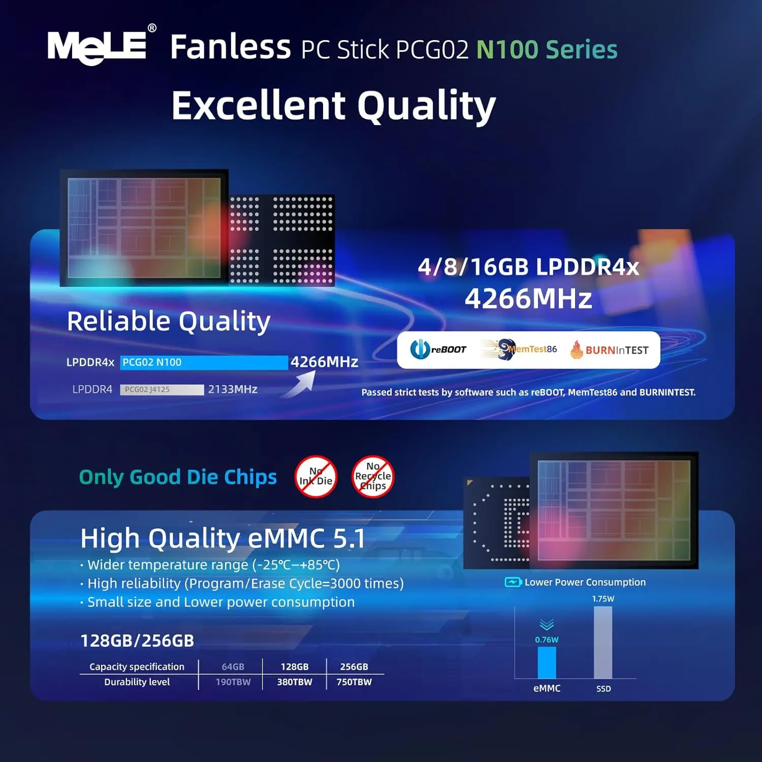 MeLE PCG02 Mini PC Stick sin ventilador N100 8GB LPDDR4 128GB Micro computadora de escritorio con USB-C de función completa, WiFi 2,4G/5,0G, HDMI 4K