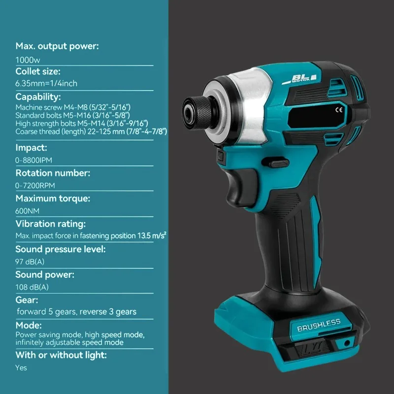 

【Premium】600N.m 1/4'' Brushless Electric Screwdriver 5 Speed Cordless Screwdriver Electric Drill Impact Driver Kit for 18V Bat