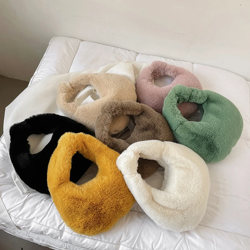 Solid Color Plush Dumpling Bag Handbag Niche Design Small Phone Bag Korean Style Tote Bag Faux Rabbit Fur Handbag Women