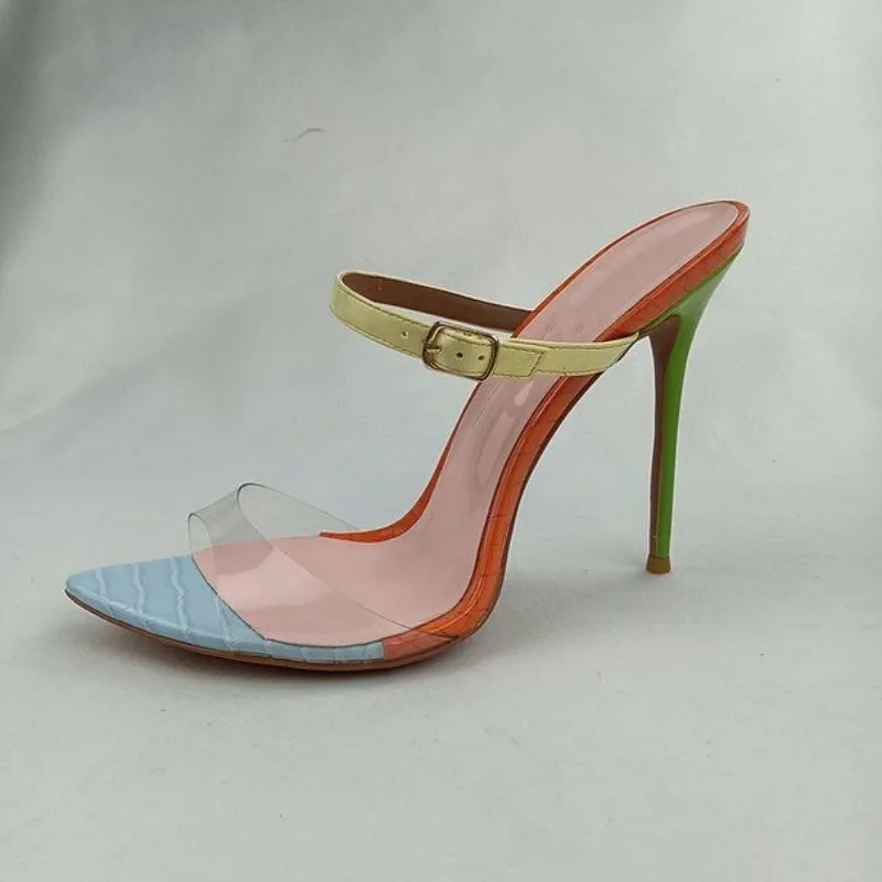 Arden Furtado Summer Transparent PVC Mixed Colors Word slippers pointed Belt buckle Super high heel word-cingulate Mules