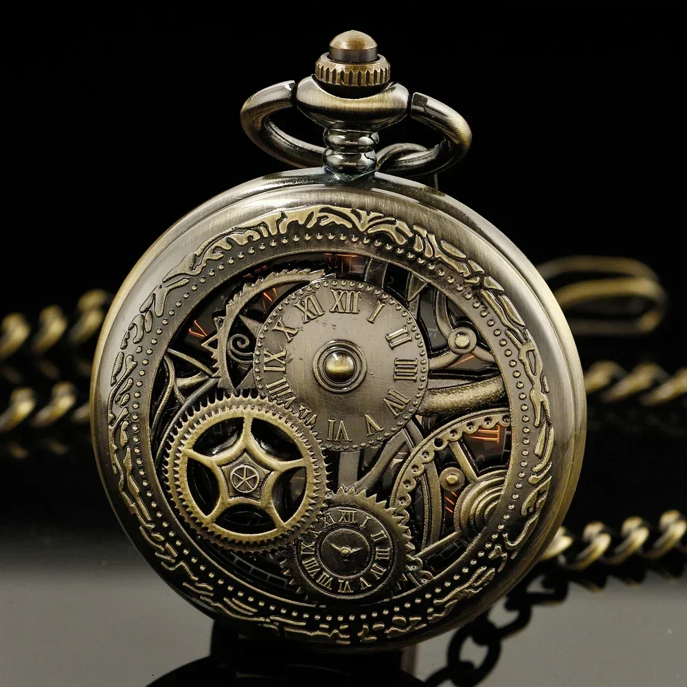 Steampunk Copper Vintage Gear Design Hollow Mechanical Watch Pocket Watch Men Women Necklace Pendant Chain Clock PJX1743