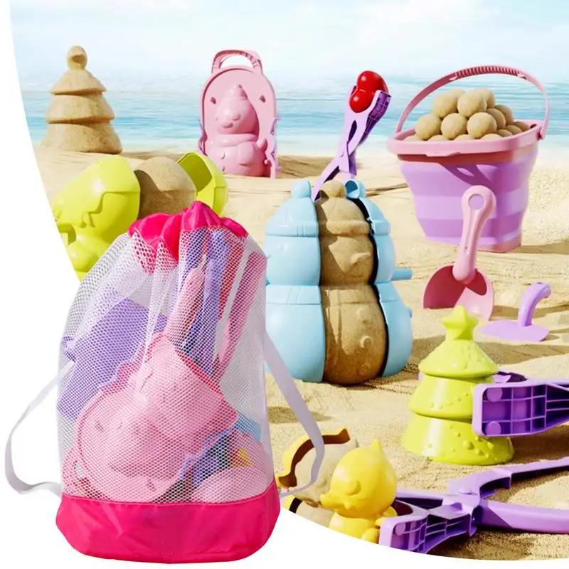 Giochi da spiaggia per bambini Giocattoli da viaggio con sabbia con secchio pieghevole e borsa a rete includono stampi Rastrello Pala Gioco estivo per ragazzi e ragazze