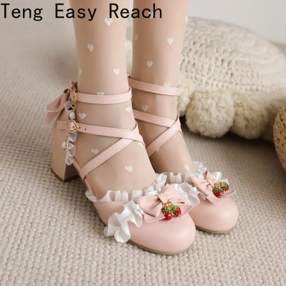 Sandalias Lolita de cuero con tacón cuadrado grueso y lazo para mujer, zapatos Mary Jane blancos con lazo dulce para niñas, zapatos de fiesta, tallas 32-48