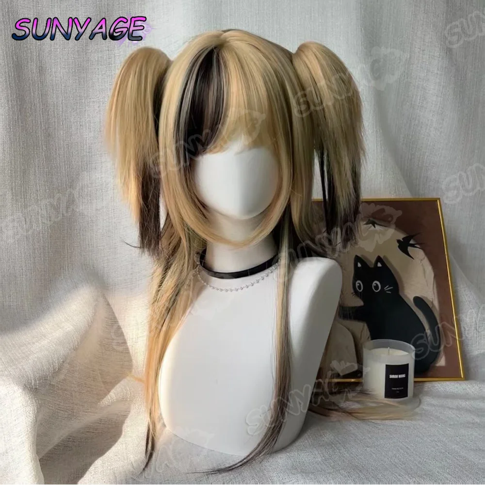 SUNYAGE لوليتا شعر مستعار ذيل حصان مزدوج أنثى الظلام أبي نمط الذهب الأسود مصبوغ خدش كليب ذيل حصان عقال بيروكات صناعية #2