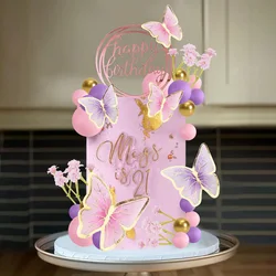 Pink Purple Balls Cake Toppers Butterfly Cake Decorations Happy Birthday Cake Topper for Wedding Baby Shower Birthday Flower The