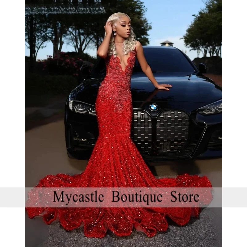 Vestido De graduación largo De lentejuelas rojas personalizado con diamantes para niñas negras, Vestido De Reina De cumpleaños africano con cuentas De cristal, Vestido De Noche