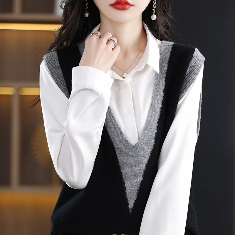 Women's Vest 2023 Autumn Winter New 100% Wool Sweaters Knit Vest Ladies Loose Casual Waistcoat Female V-Neck Sleeveless Pullover